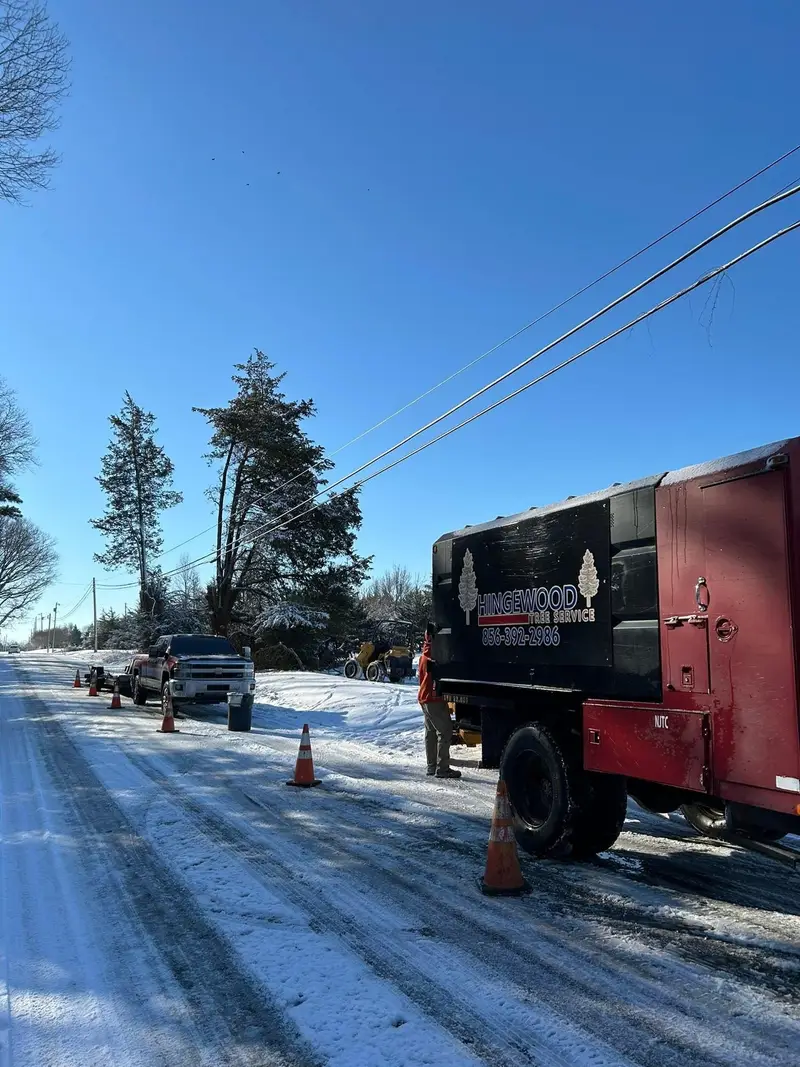 The red Hingewood chip truck parked on a snowy road with traffic cones set out behind it.